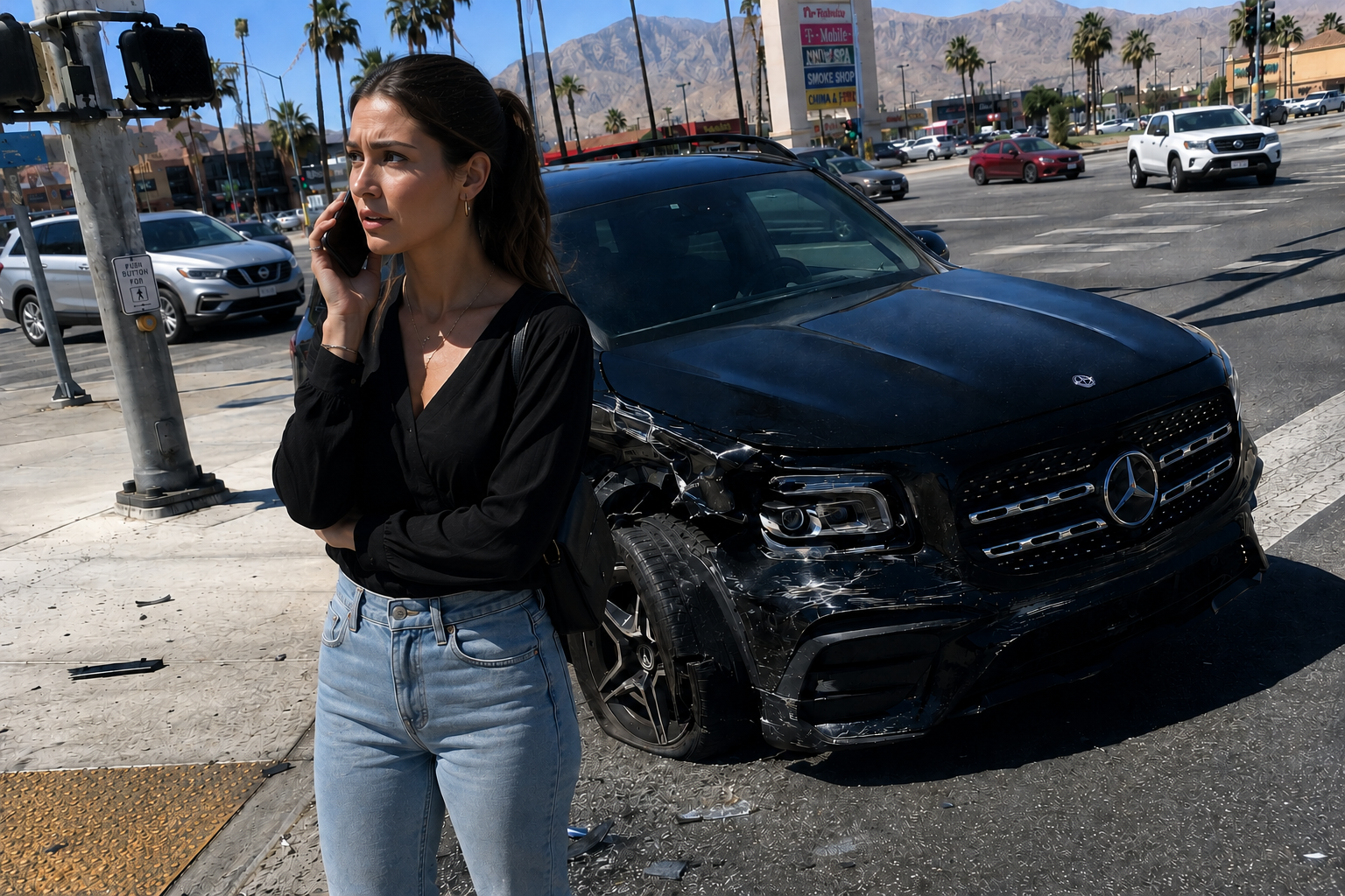 Woman on her phone at a Las Vegas intersection beside her damaged Mercedes after an accident